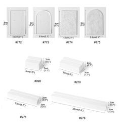 several different sizes and shapes of white plastic boxes with measurements for each item in the box