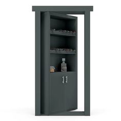 a tall gray cabinet with two shelves and one door open to reveal the contents inside