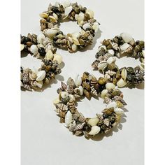 three seashells are arranged in the shape of wreaths on a white surface