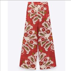 Absolutely Gorgeous And Stylish Wide Leg Pants. Floral Print Pants Chic Printed Cotton Pants, Chic Printed Cotton Bottoms, Red Wide Leg Pants For Summer, Red High-waisted Summer Pants, Zara Red Wide Leg Bottoms, Zara Red Pants For Summer, Red Zara Pants For Summer, Casual Red Zara Bottoms, Zara Red Summer Pants