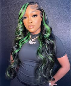 Process and shipping time 10-14 days. Shipping: Royal Mail - Sig Next day delivery  Colour: Green and Black Texture: Body Wave Lace: HD Lace  Density: 3 Bundles + Frontal  Hair Quality: Raw Human Hair Cap size: Medium / Average Size ( Can request bigger or smaller size) Dark Green Wigs Black Women, Sew Ins With Color, Green Wigs Black Women, 22nd Bday, Wig Colors, Green Wig, Green Highlights