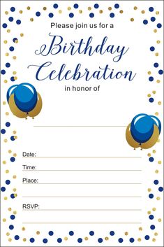 a birthday party card with balloons and confetti on the front, in blue and gold