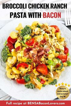 Chicken Bacon Ranch Pasta with Broccoli on a white plate. Broccoli Chicken Pasta, Bacon Recipes For Dinner, Pasta With Bacon, Pasta With Broccoli, Bacon Dinner, Chicken Broccoli Pasta, Chicken Bacon Pasta, Chicken Ranch Pasta, Cheesy Rice