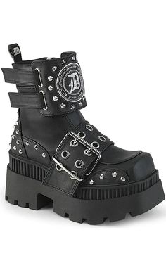 Stay Spooky™ with the WRATH-58 Platform Boots! These babies make a statement with the studs covering the front of the shoe and decked out with a spider and chains. Leather Platform Boots, Headpiece Accessories, Metal Head