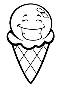 an ice cream cone with smiling face and eyes, black and white outline on a white background