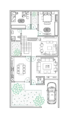 the floor plan for a two story house with an attached garage and living room area