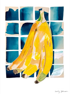 two bananas are hanging on a blue and white tile wall with watercolor squares in the background