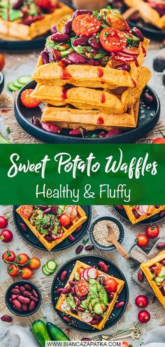 sweet potato waffles with healthy and fluffly toppings on top, surrounded by other food items