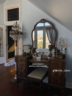 there is a dresser with a mirror and a bench in front of it that says things i love about having a formal vanity table