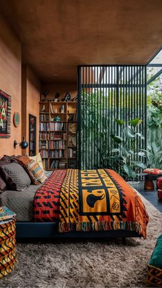 a bedroom with an orange and black bedspread on top of a shaggy rug