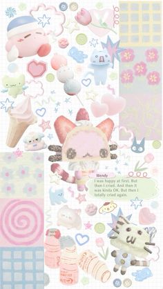 an assortment of stickers with animals and other things on them in pastel colors