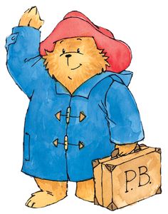 a drawing of a teddy bear in a blue coat and pink hat holding a suitcase