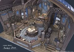 this is an artistic rendering of the inside of a pirate's house with wood floors and walls