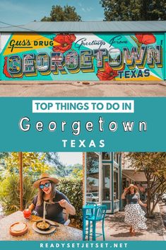 a woman sitting at a table in front of a building with the words georgetown texas on it