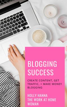 a woman sitting in front of a laptop with the words blogging success on it