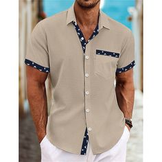 Casual Collar Short Sleeve Shirt For Beach Spring, Casual Collar Short Sleeve Shirt For Spring Beach Outings, Summer Short Sleeve Shirt With Casual Collar, Casual Collar Short Sleeve Shirt For Summer, Summer Casual Collar Short Sleeve Shirt With Buttons, Summer Camp Shirt With Casual Collar, Summer Camp Shirt With Casual Collar And Buttons, Short Sleeve Tops With Buttons For Summer, Summer Short Sleeve Shirt With Buttons