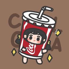 an illustration of a girl holding a can of soda with the word coca cola on it