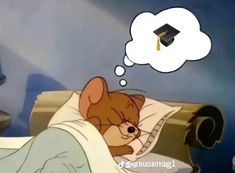 a cat sleeping in bed with a graduation cap above its head and thought bubble above it