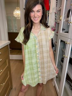 An everyday dress that's perfect with sneakers or sandals? We're in! This easy-to-wear button front dress is a no-brainer for summer. The lightweight fabric works on the hottest of days and the combo of spring green, yellow, and taupe is such a fun color palette. You can style this as a dress or, if you're taller, style it like a tunic. This silhouette is a customer fave every year so we're so excited to have it in a fresh new print! This is not lined. We do not feel like you need anything extra besides nude undergarments but you can always add a slip for extra coverage. Dress measures 33" in length the front (which we would consider a little flirty) and 37" in the back. Bust measures from underarm seam to seam. Measurements taken on a small. Add 1" to each measurement as you go up in size Skirt Extender, Deodorant Stains, Button Front Dress, Spring Green, Everyday Dresses, New Print, Boutique, Dresses, How To Wear