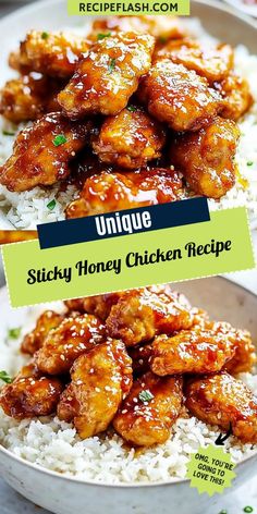 the recipe for sticky honey chicken is shown on top of rice in a white bowl