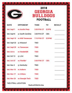 a football game schedule with the team's name and numbers in red, black and white