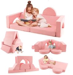 two children are sitting on a pink couch and one is reading a book while the other sits