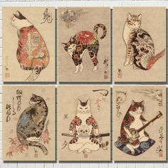 four pictures of cats with different designs on them, one is holding a guitar and the other has an umbrella