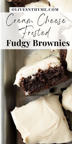 two pictures of brownies with cream cheese frosting on top and fudgey brownies in the bottom