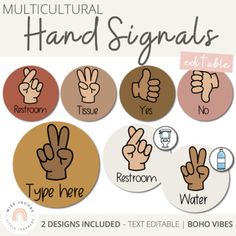 several different hand signals are shown in this graphic design set, including two designs included - text edible / boho vibes