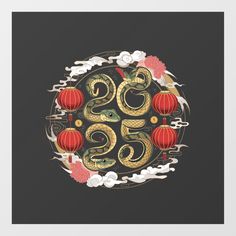 the chinese new year's card with an image of a snake and lanterns on it