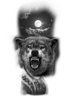 a wolf with its mouth open and the moon in the sky above it is black and white