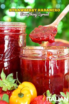 strawberry habanero everything spread in jars and spoon with strawberries on the side