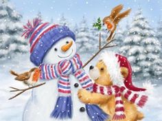 a painting of a snowman and a teddy bear with a bird on their arm