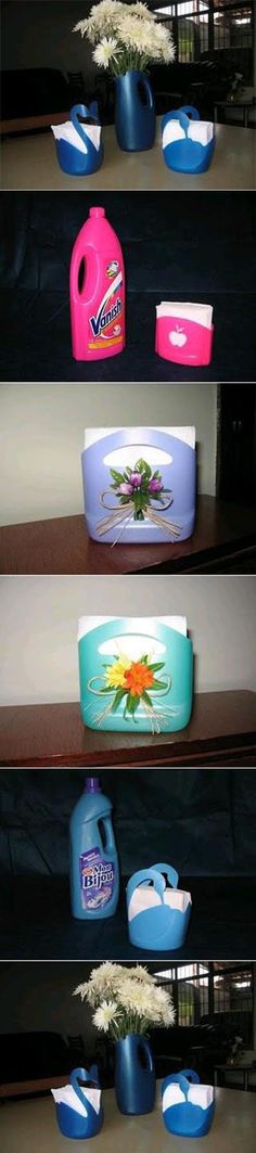 three shelves with different types of cleaning products on top of each shelf, and in the bottom row is a blue vase with white flowers