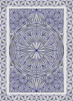 a blue and white square with an intricate design in the middle, on a gray background