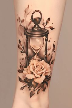 Hourglass Rose Tattoo, Tattoos Mum, Old Clock Tattoo, Vintage Frame Tattoo, Time Clock Tattoo, Hourglass Tattoo Meaning, Cameo Tattoo, Clock And Rose Tattoo