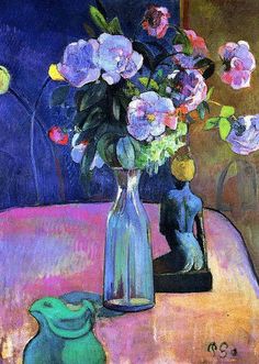 a painting of flowers in a vase on a table next to a blue frog figurine