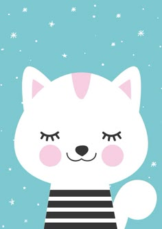 a white cat with black and white stripes on it's chest, sitting in front of snowflakes