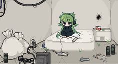 an animated character sitting on top of a bed in a room with lots of wires