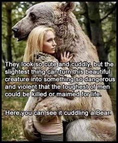 a woman hugging a bear in the woods with a caption that reads, they look so cute and cuddly, but the slightest thing can't