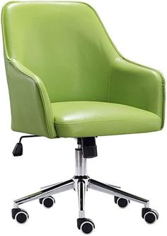 a green office chair sitting on top of a metal base