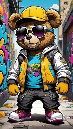 a cartoon bear wearing sunglasses and a yellow hat standing in front of graffiti covered buildings