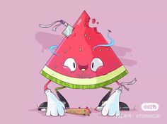 a watermelon cartoon character on a skateboard with one foot in the air