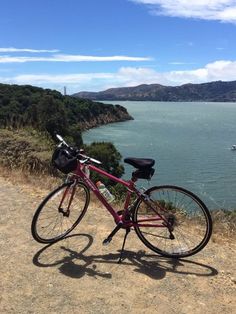 a pink bike parked on the side of a road next to a body of water