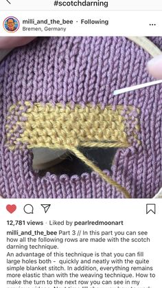 someone is stitching something on the side of a purple knitted object with yellow thread