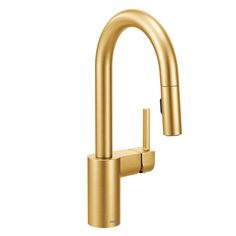 a gold faucet with the handle on an isolated white background and no one in it