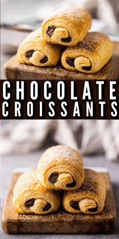 chocolate croissants are stacked on top of each other with powdered sugar