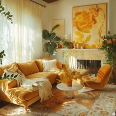 a living room filled with furniture and a fire place next to a painting on the wall