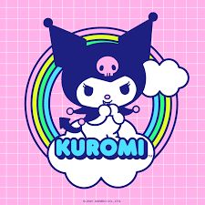 the logo for kuromi is shown on a pink background with clouds and rainbows