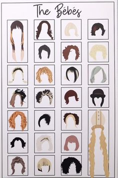 the bebe's hairs are arranged in rows on a white board with black and brown hair